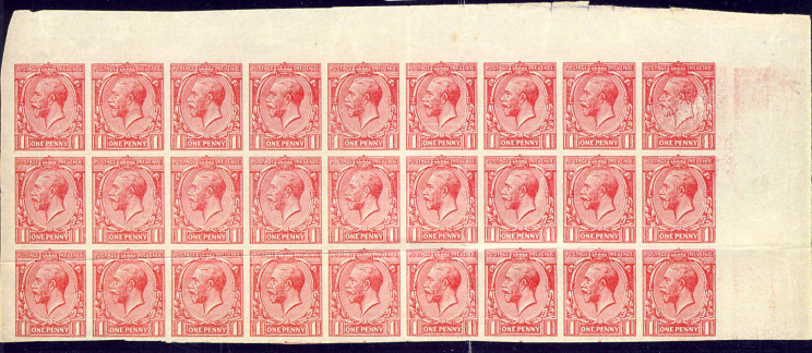Block of 27 1d George V profile head stamps